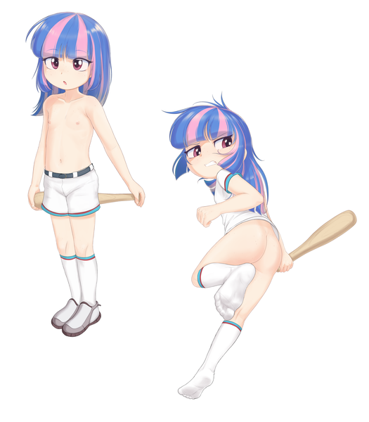 Size: 4392x5016 | Tagged: questionable, artist:pestil, banned from derpibooru, paywalled source, wind sprint, human, barely pony related, baseball bat, baseball jersey, belly, belly button, bottomless, breasts, butt, clothes, delicious flat chest, female, humanized, image, lolicon, nipples, nudity, partial nudity, png, shorts, simple background, small breasts, socks, solo, thighs, topless, underage, white background