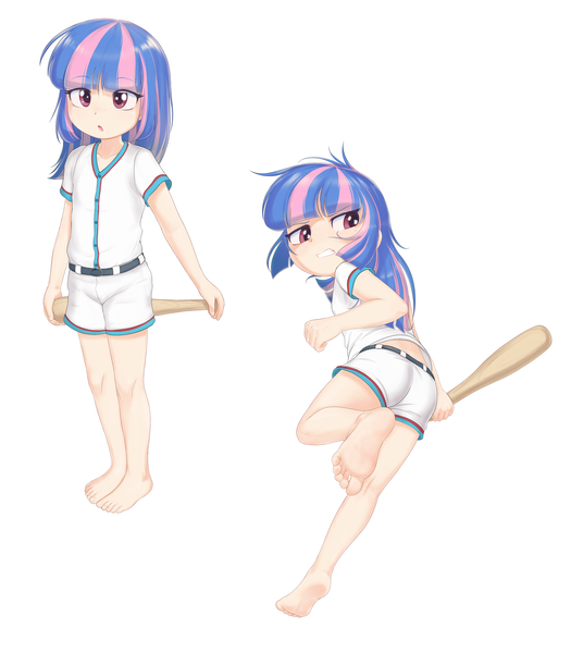Size: 4392x5016 | Tagged: safe, artist:pestil, banned from derpibooru, wind sprint, human, barefoot, baseball bat, baseball jersey, explicit source, feet, female, humanized, image, looking at you, open mouth, png, simple background, solo, thighs, underage, white background
