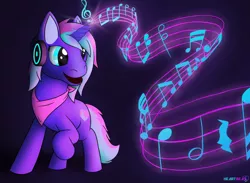 Size: 1280x936 | Tagged: safe, artist:passionpanther, derpibooru import, oc, unicorn, headphones, image, jpeg, magic, magic spell, magical, music, music notes, musical