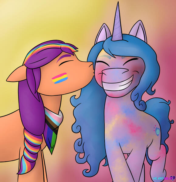 Size: 1280x1325 | Tagged: safe, artist:passionpanther, derpibooru import, izzy moonbow, sunny starscout, earth pony, pony, unicorn, g5, my little pony: a new generation, female, image, izzyscout, jpeg, lesbian, pansexual, pansexual pride, pansexual pride falg, pansexual pride flag, pride, pride flag, progress pride flag, shipping