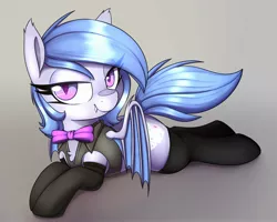 Size: 2500x2000 | Tagged: safe, artist:lockheart, derpibooru import, oc, oc:lucky roll, unofficial characters only, bat pony, pony, bat pony oc, bat wings, bowtie, clothes, eye clipping through hair, female, gradient background, image, jpeg, looking at you, lying down, mare, prone, smiling, smiling at you, smug, socks, solo, sploot, stockings, thigh highs, wings