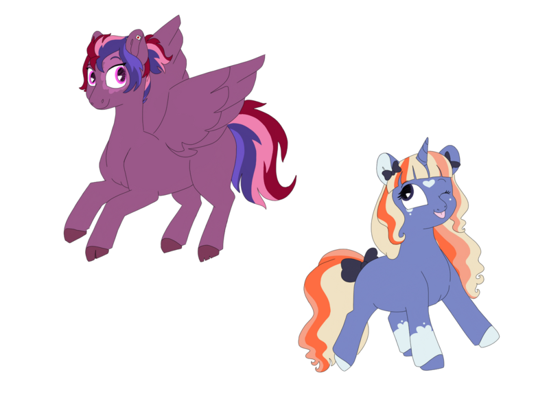 Size: 1280x960 | Tagged: safe, artist:doodletheexpoodle, derpibooru import, oc, oc:dragonfruit slush, oc:periwinkle rose, unofficial characters only, pegasus, pony, unicorn, bow, coat markings, cracked hooves, duo, female, image, magical lesbian spawn, mare, offspring, one eye closed, parent:rainbow dash, parent:sunburst, parent:tempest shadow, parent:twilight sparkle, parents:tempestdash, parents:twiburst, png, simple background, tail, tail bow, tongue out, transparent background, wink