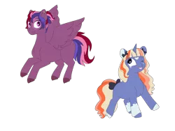 Size: 1280x960 | Tagged: safe, artist:doodletheexpoodle, derpibooru import, oc, oc:dragonfruit slush, oc:periwinkle rose, unofficial characters only, pegasus, pony, unicorn, bow, coat markings, cracked hooves, duo, female, image, magical lesbian spawn, mare, offspring, one eye closed, parent:rainbow dash, parent:sunburst, parent:tempest shadow, parent:twilight sparkle, parents:tempestdash, parents:twiburst, png, simple background, tail, tail bow, tongue out, transparent background, wink