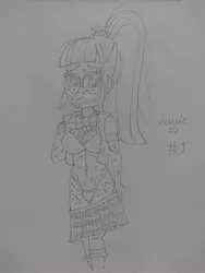 Size: 3120x4160 | Tagged: suggestive, artist:lewis20, derpibooru import, sour sweet, equestria girls, belly button, boob freckles, bra, breasts, busty sour sweet, chest freckles, clothes, freckles, heat, image, jpeg, looking at you, monochrome, skirt, skirt pull, sweat, traditional art, underwear, undressing