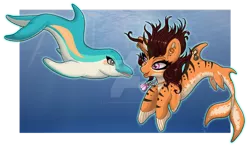 Size: 800x475 | Tagged: safe, artist:ellysiumdreams, derpibooru import, oc, unofficial characters only, dolphin, merpony, pony, seapony (g4), artfight, brown mane, bubble, deviantart watermark, digital art, dorsal fin, eyelashes, female, fins, fish tail, flowing mane, image, jewelry, looking at each other, looking at someone, mare, necklace, obtrusive watermark, ocean, open mouth, pink eyes, png, purple eyes, seashell necklace, smiling, solo, sunlight, tail, teeth, underwater, water, watermark