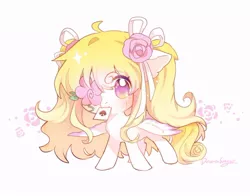 Size: 864x679 | Tagged: safe, artist:dreamsugar, derpibooru import, oc, unofficial characters only, pegasus, pony, ace of spades, card, chibi, eye clipping through hair, female, floppy ears, flower, flower in hair, image, jpeg, mare, mouth hold, playing card, rose, simple background, solo, spread wings, white background, wings