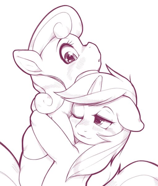 Size: 1163x1365 | Tagged: safe, artist:kurogewapony, derpibooru import, bon bon, lyra heartstrings, sweetie drops, earth pony, pony, unicorn, duo, duo female, female, grayscale, horn, hug, image, jpeg, lesbian, looking at someone, looking down, lyrabon, mare, monochrome, one eye closed, profile, shipping, simple background, white background