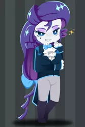 Size: 800x1200 | Tagged: safe, artist:geraritydevillefort, derpibooru import, rarity, the count of monte rainbow, equestria girls, bowtie, clothes, female, gray background, image, jpeg, looking at you, rarifort, simple background, smiling, smiling at you, solo, sparkles, striped background, the count of monte cristo, villefort