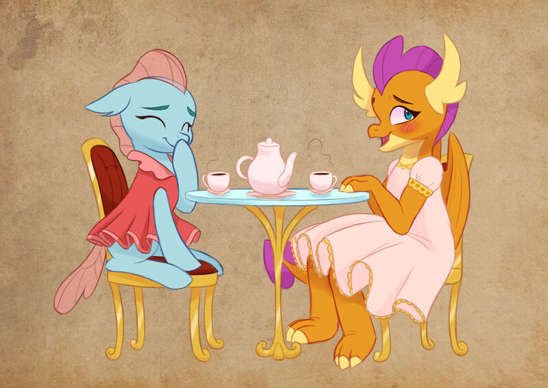 Size: 1280x906 | Tagged: safe, artist:artharuhi, derpibooru import, ocellus, smolder, changedling, changeling, dragon, blushing, clothes, cup, dragoness, dress, duo, female, food, image, jpeg, missing horn, tea, tea party, teacup, teapot