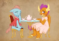 Size: 1280x906 | Tagged: safe, artist:artharuhi, derpibooru import, ocellus, smolder, changedling, changeling, dragon, blushing, clothes, cup, dragoness, dress, duo, female, food, image, jpeg, missing horn, tea, tea party, teacup, teapot