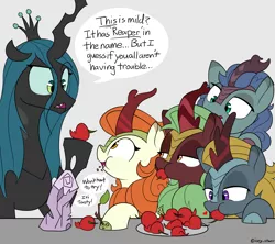 Size: 3000x2669 | Tagged: safe, artist:icey, derpibooru import, autumn blaze, cinder glow, queen chrysalis, summer flare, winter flame, oc, oc:nova glow, kirin, autumn blaze's puppet, food, image, moments before disaster, pepper, png, this will end in tears, twilog