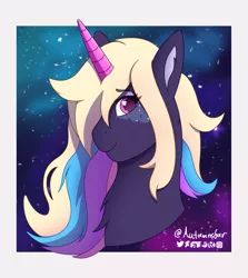 Size: 1747x1961 | Tagged: safe, artist:autumnsfur, artist:autumnsfurart, derpibooru import, oc, oc:galactic love, unofficial characters only, pony, unicorn, blue mane, burst, digital art, female, image, long hair, looking away, mare, markings, multicolored hair, png, popping, purple coat, purple mane, signature, simple background, space