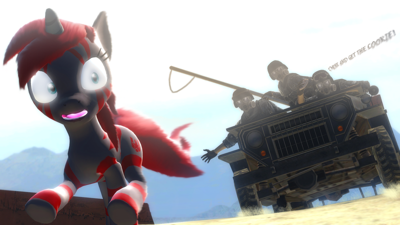 Size: 1920x1080 | Tagged: safe, artist:bwablack, derpibooru import, oc, oc:blushyblack, human, hybrid, unicorn, zony, 3d, chase, cookie, food, gmod, image, jeep, military, png, running, running away, sand, scared, soldier, soldiers, text