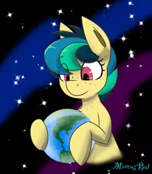 Size: 1792x2048 | Tagged: safe, artist:askhypnoswirl, derpibooru import, oc, oc:apogee, unofficial characters only, pegasus, pony, bigger than a planet, continent, eye clipping through hair, eyebrows, eyebrows visible through hair, female, filly, foal, freckles, holding, image, macro, planet, png, signature, solo, space, stars, wingless