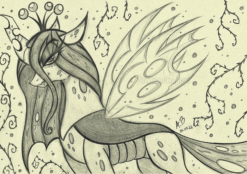 Size: 2284x1617 | Tagged: safe, artist:rossmaniteanzu, derpibooru import, queen chrysalis, changeling, image, jpeg, monochrome, pencil drawing, solo, traditional art