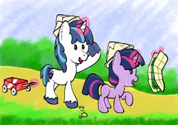 Size: 1700x1200 | Tagged: safe, artist:ebbysharp, derpibooru import, shining armor, twilight sparkle, pony, atg 2022, colt, colt shining armor, female, filly, filly twilight sparkle, hat, image, magic, male, newbie artist training grounds, paper hat, png, younger