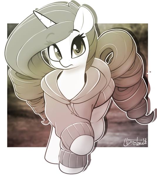 Size: 976x1094 | Tagged: safe, artist:llametsul, derpibooru import, rarity, pony, unicorn, alternate hairstyle, blurry background, clothes, cute, female, hoodie, image, looking at you, mare, monochrome, png, signature, solo