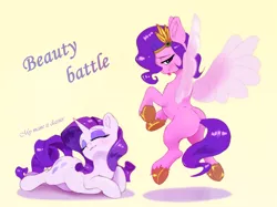 Size: 3801x2849 | Tagged: safe, artist:xbi, derpibooru import, pipp petals, rarity, pegasus, pony, unicorn, bedroom eyes, blushing, butt, duo, duo female, eyes closed, eyeshadow, female, flying, g5, headband, image, jewelry, lidded eyes, looking at you, looking back, looking back at you, makeup, mare, plot, png, raspberry, regalia, simple background, smiling, smiling at you, spread wings, tabun art-battle cover, text, tongue out, underhoof, wings, yellow background