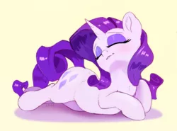 Size: 1933x1430 | Tagged: safe, artist:xbi, derpibooru import, rarity, pony, unicorn, chin up, eyes closed, female, horn, image, lying down, mare, png, prone, simple background, smiling, solo, text, yellow background