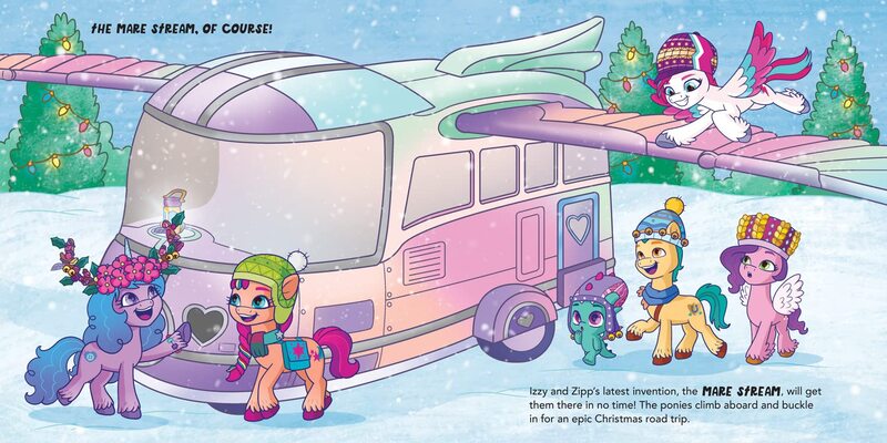Size: 1500x750 | Tagged: safe, derpibooru import, hitch trailblazer, izzy moonbow, pipp petals, sparky sparkeroni, sunny starscout, zipp storm, dragon, earth pony, pegasus, pony, unicorn, spoiler:g5, spoiler:winter wishday, antlers, baby, baby dragon, christmas, christmas lights, christmas tree, clothes, floral head wreath, flower, g5, hat, holiday, image, jingle bells, jpeg, lantern, mane five (g5), mare stream, merry christmas everypony, preview, rv, scarf, tree, winter, winter outfit, winter wishday