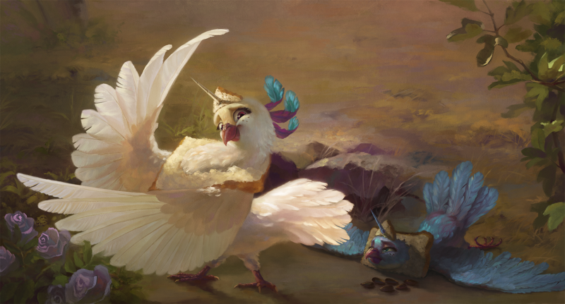 Size: 2229x1200 | Tagged: safe, artist:bra1neater, artist:v747, derpibooru import, princess celestia, princess luna, bird, dove, pigeon, birb, birdified, bread, breading, chest fluff, collaboration, duo, female, fine art emulation, fluffy, food, freckles, frown, horn, image, lidded eyes, lying down, majestic as fuck, neck fluff, png, prone, royal sisters, scenery, seed, siblings, sisters, smiling, species swap, spread wings, technical advanced, technically advanced, unamused, wing hands, wings