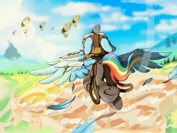 Size: 4000x3000 | Tagged: safe, artist:flaremoon, derpibooru import, rainbow dash, pegasus, pony, airship, city, clothes, feather, fight, floppy ears, flying, goggles, image, jpeg, knife, mouth hold, solo, spread wings, town, underhoof, weapon, wings, zeppelin