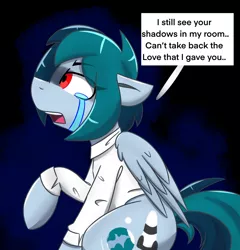 Size: 1962x2048 | Tagged: safe, artist:askhypnoswirl, derpibooru import, oc, oc:delta vee, unofficial characters only, pegasus, pony, clothes, crying, female, floppy ears, folded wings, image, mare, monologue, open mouth, png, raised hoof, sad, side view, simple background, sitting, solo, speech bubble, talking, wings