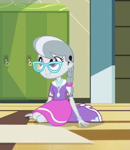 Size: 622x714 | Tagged: safe, derpibooru import, edit, edited screencap, editor:darkhooves, screencap, silver spoon, equestria girls, rainbow rocks, boots, braid, braided ponytail, clothes, cochlear implant, cropped, cute, deaf, female, glasses, image, jewelry, jpeg, lockers, necklace, shoes, silverbetes, sitting, skirt, smiling, solo