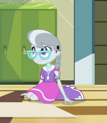 Size: 622x714 | Tagged: safe, derpibooru import, edit, edited screencap, editor:darkhooves, screencap, silver spoon, equestria girls, rainbow rocks, boots, braid, braided ponytail, clothes, cochlear implant, cropped, cute, deaf, female, glasses, image, jewelry, jpeg, lockers, necklace, shoes, silverbetes, sitting, skirt, smiling, solo