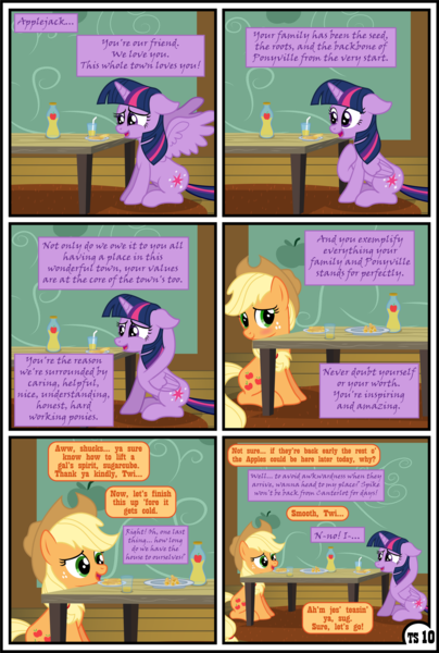 Size: 1600x2379 | Tagged: safe, artist:gutovi, derpibooru import, applejack, twilight sparkle, twilight sparkle (alicorn), alicorn, earth pony, pony, comic:why me!?, alternate ending, apple, apple juice, comic, female, food, hat, high res, image, juice, lesbian, mare, png, shipping, show accurate, sweet apple acres, table, twijack