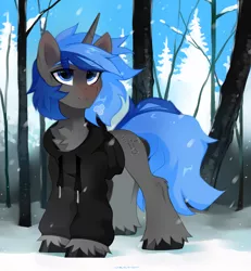 Size: 2800x3036 | Tagged: safe, artist:zlatavector, derpibooru import, oc, oc:orion, unofficial characters only, pony, unicorn, chest fluff, clothes, commission, high res, hoodie, horn, image, male, nature, outdoors, png, snow, solo, stallion, standing, unicorn oc, unshorn fetlocks, winter