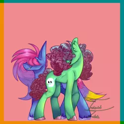 Size: 1280x1280 | Tagged: safe, artist:technicolourtorture, derpibooru import, oc, oc:phantomine, oc:ruby sweets, unofficial characters only, earth pony, blue fur, blue skin, curly hair, green fur, green skin, hair covering face, image, multicolored hair, png, simple background, straight hair