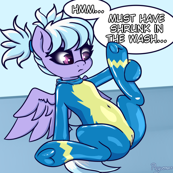 Size: 3000x3000 | Tagged: suggestive, artist:plaguemare, derpibooru import, cloudchaser, pegasus, pony, cameltoe, clothes, dialogue, female, frown, high res, image, latex, latex suit, leaning back, mare, pigtails, png, sitting, solo, solo female, spread wings, uniform, wings, wonderbolts, wonderbolts uniform