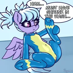Size: 3000x3000 | Tagged: suggestive, artist:plaguemare, derpibooru import, cloudchaser, pegasus, pony, cameltoe, clothes, dialogue, female, frown, high res, image, latex, latex suit, leaning back, mare, pigtails, png, sitting, solo, solo female, spread wings, uniform, wings, wonderbolts, wonderbolts uniform