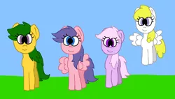 Size: 1368x777 | Tagged: safe, artist:universalponies, derpibooru import, lickety split, lickety-split, magic star, surprise, earth pony, pegasus, pony, adorablestar, adoraprise, blue eyes, cute, female, field, flying, g1, g1 licketybetes, g1 northabetes, g1 to g4, g4, generation leap, grass, grass field, green hair, green mane, green tail, image, mare, ms paint, north star (g1), outdoors, paint.net, pink hair, pink mane, pink tail, png, ponyland, purple eyes, purple hair, purple mane, purple tail, quartet, smiling, surprise can fly, tail, yellow hair, yellow mane, yellow tail