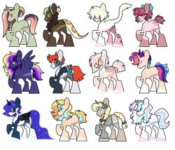 Size: 1280x1098 | Tagged: safe, artist:moonert, derpibooru import, oc, unofficial characters only, earth pony, pegasus, pony, unicorn, earth pony oc, ethereal mane, hair over eyes, horn, image, pegasus oc, png, raised hoof, simple background, starry mane, transparent background, unicorn oc, wings