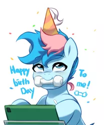 Size: 1441x1737 | Tagged: safe, artist:maren, derpibooru import, oc, oc:blue chewings, unofficial characters only, earth pony, pony, birthday, chew toy, confetti, earth pony oc, female, happy birthday, hat, image, looking up, male, mare, mouth hold, party hat, png, simple background, solo, stallion, white background