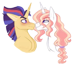 Size: 1024x931 | Tagged: safe, artist:purplegrim40, derpibooru import, oc, unofficial characters only, pony, unicorn, blushing, bust, gay, horn, image, male, oc x oc, png, shipping, simple background, smiling, smirk, stallion, transparent background, unicorn oc
