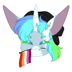 Size: 1024x1024 | Tagged: safe, artist:purplegrim40, derpibooru import, oc, unofficial characters only, pony, unicorn, bust, commission, ear piercing, hat, horn, image, lesbian pride flag, mouth hold, piercing, png, pride, pride flag, simple background, solo, transparent background, unicorn oc, ych result