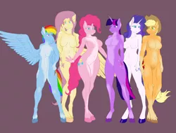 Size: 3952x3000 | Tagged: suggestive, artist:fluffyorbiter, derpibooru import, applejack, fluttershy, pinkie pie, rainbow dash, rarity, twilight sparkle, anthro, earth pony, pegasus, unguligrade anthro, unicorn, abs, arm behind back, barbie doll anatomy, belly button, body freckles, breasts, busty applejack, busty pinkie pie, busty rarity, crotch freckles, featureless breasts, featureless crotch, female, females only, flutterdash, freckles, group shot, height difference, high res, image, lesbian, looking at each other, looking at someone, one wing out, pale belly, png, rarijack, shipping, shoulder freckles, simple background, smiling, unshorn fetlocks, wings