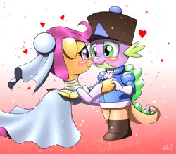 Size: 1903x1668 | Tagged: safe, artist:questionmarkdragon, derpibooru import, scootaloo, spike, dragon, pony, blushing, clothes, dancing, dress, female, filly, foal, gradient background, hat, holding hands, holding hooves, image, male, png, scootaspike, shipping, straight, tomboy taming, wedding dress
