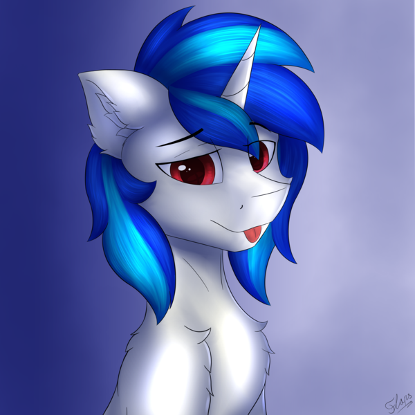Size: 4616x4615 | Tagged: safe, artist:flapstune, derpibooru import, vinyl scratch, pony, unicorn, chest fluff, ear fluff, fluffy, horn, image, male, png, record scrape, red eyes, rule 63, signature, simple background, stallion, tongue out