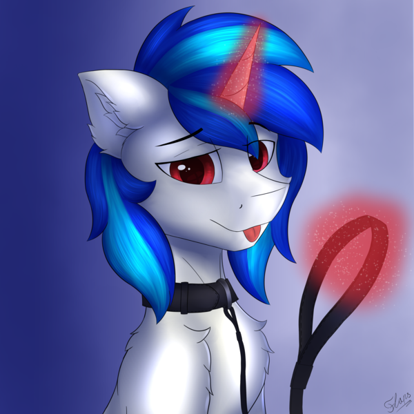 Size: 4616x4615 | Tagged: safe, alternate version, artist:flapstune, derpibooru import, vinyl scratch, pony, unicorn, chest fluff, ear fluff, fluffy, glow, glowing horn, horn, image, leash, male, png, record scrape, red eyes, rule 63, signature, simple background, stallion, tongue out