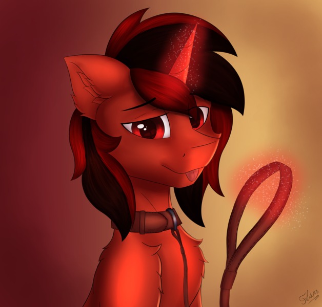 Size: 4880x4659 | Tagged: safe, alternate version, artist:flapstune, derpibooru import, oc, oc:flaps tune, unofficial characters only, pony, unicorn, chest fluff, ear fluff, fluffy, glow, glowing horn, horn, image, leash, male, png, red eyes, rule 63, signature, simple background, stallion, tongue out