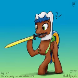 Size: 1000x1000 | Tagged: safe, artist:hiddelgreyk, derpibooru import, oc, unofficial characters only, pegasus, pony, adventure time, backpack, brown coat, clothes, concerned, cosplay, costume, finn the human, image, jpeg, male, mouth hold, newbie artist training grounds, pegasus oc, simple background, solo, stallion, sword, weapon, wings