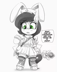 Size: 945x1200 | Tagged: safe, artist:pabbley, derpibooru import, oc, oc:anonfilly, unofficial characters only, earth pony, pony, bipedal, bunny ears, clothes, cosplay, costume, female, filly, foal, grayscale, hat, image, jpeg, monochrome, neo noir, nurse hat, partial color, simple background, solo, speech bubble, wand, white background