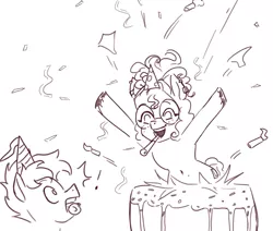 Size: 814x690 | Tagged: safe, artist:nire, derpibooru import, oc, oc:blue chewings, earth pony, pony, unicorn, birthday cake, cake, chew toy, confetti, duo, female, food, freckles, glasses, happy birthday, hat, image, male, mare, monochrome, mouth hold, party hat, party horn, png, popping out of a cake, simple background, stallion, white background