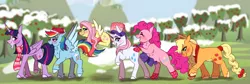 Size: 2971x1000 | Tagged: safe, artist:primrosepaper, derpibooru import, applejack, fluttershy, pinkie pie, rainbow dash, rarity, twilight sparkle, twilight sparkle (alicorn), alicorn, earth pony, pegasus, pony, unicorn, alternate design, apple, apple tree, bipedal, bipedal leaning, biting, blushing, bow, clothes, facial hair, female, food, goatee, hat, horn, horn ring, image, jewelry, leaning, lesbian, mane six, mare, mittens, omniship, png, polyamory, prehensile tail, ring, scarf, shipping, snow, sweater, sweet apple acres, tail, tail bite, tail bow, tail hold, tree, twitterina design, unshorn fetlocks, wedding ring