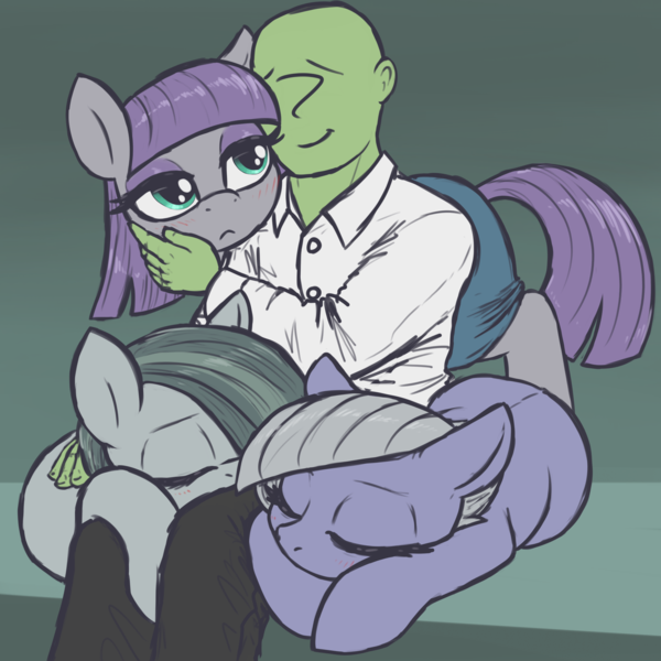 Size: 3000x3000 | Tagged: safe, artist:t72b, derpibooru import, limestone pie, marble pie, maud pie, oc, oc:anon, earth pony, human, pony, anon gets all the mares, blushing, clothes, cuddling, cute, eyes closed, female, human male, human on pony petting, human on pony snuggling, image, lucky bastard, lying down, male, mare, petting, pie sisters, png, prone, siblings, sisters, sitting, sitting on lap, sleeping, snuggling, t72b is trying to murder us, weapons-grade cute