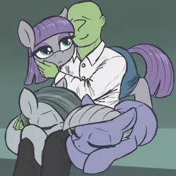 Size: 3000x3000 | Tagged: safe, artist:t72b, derpibooru import, limestone pie, marble pie, maud pie, oc, oc:anon, earth pony, human, pony, blushing, clothes, cuddling, eyes closed, female, human male, human on pony snuggling, image, lucky bastard, lying down, male, mare, petting, pie sisters, png, prone, siblings, sisters, sitting, sitting on lap, sleeping, snuggling
